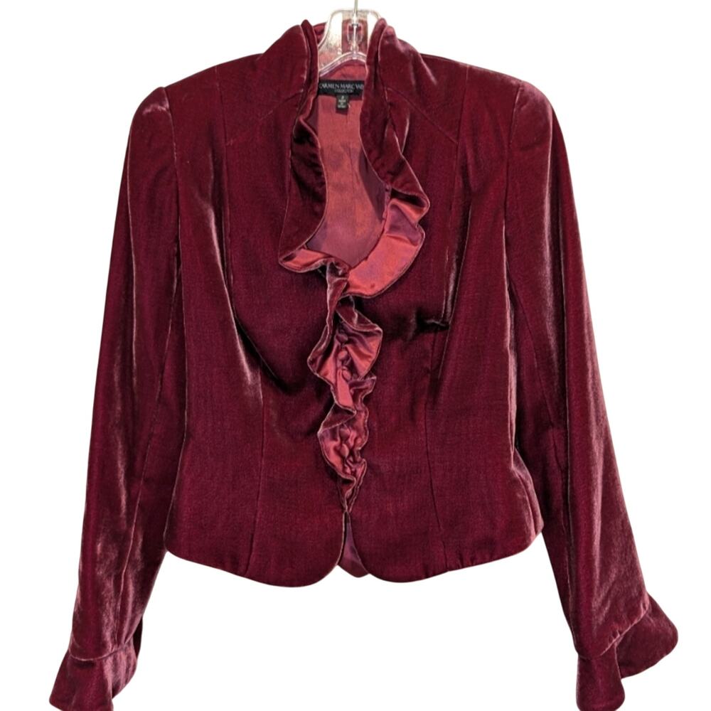 $440 Carmen Marc Valvo Collection Blazer Women's Burgundy Velvet Jacket Size 2